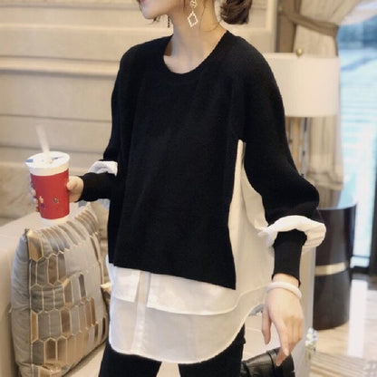 Women's Sweater Splicing Shirt Fake Two-Piece Set Female Temperament Knitted Tops