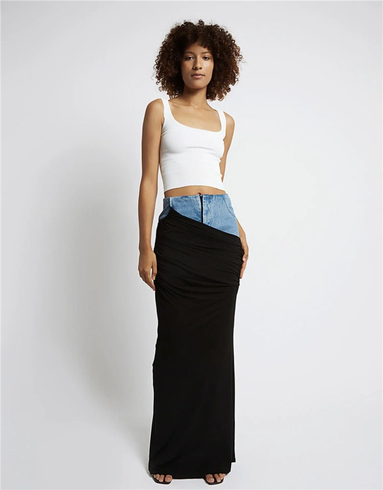 New Black Denim Half Skirt: Modern Deconstructed Design, High Waist, Pleated Panel, Long Length