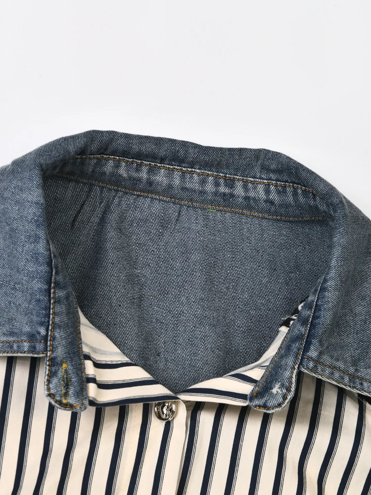 Denim Patchwork Striped Faux 2 Piece Shirt