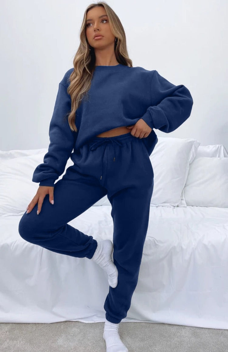 Solid Round Neck Pullover Pants Set