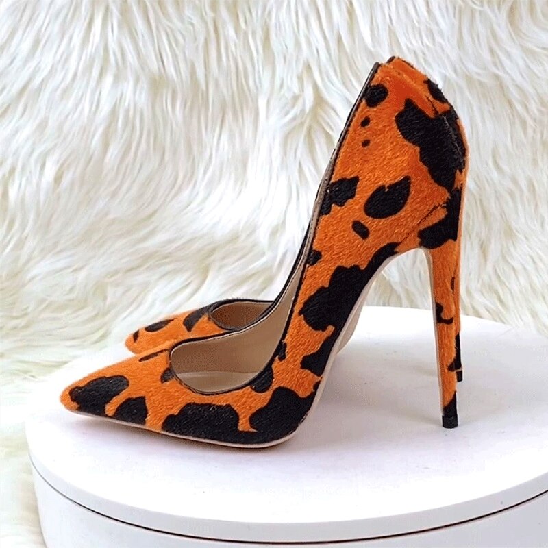 Cow Print Hairy Flock Pointy Toe High Heel Shoes