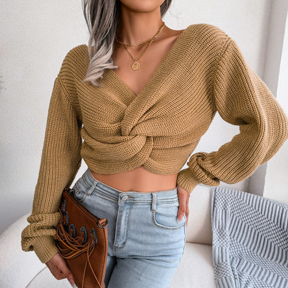 Long Sleeve Knotted Open Navel Knit Sweater