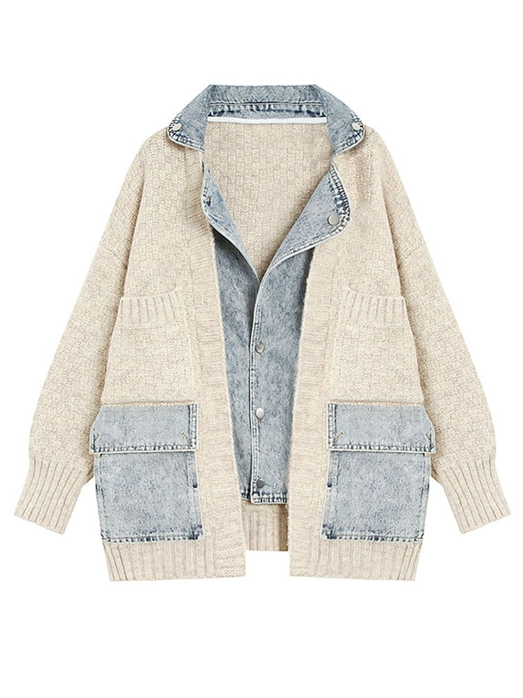 Vintage Colorblock Long Sleeve Patchwork Denim Jacket