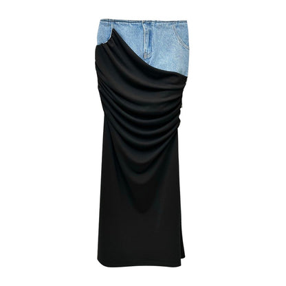 New Black Denim Half Skirt: Modern Deconstructed Design, High Waist, Pleated Panel, Long Length