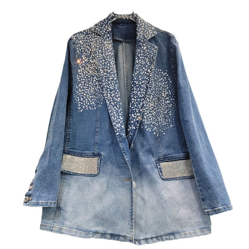 Washed Gradient Blue Irregular Rhinestone Suit Jacket