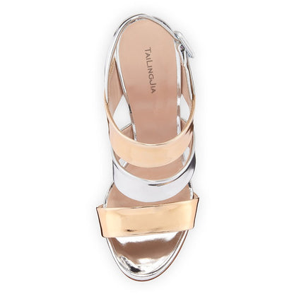 Fashionable Open-Toe Sandals: European and American Style, Patent Leather, Silver and Gold, High Heels