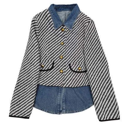 Denim Coat Loose Turn-down Collar Faux 2 Pc Striped Tweed Jacket