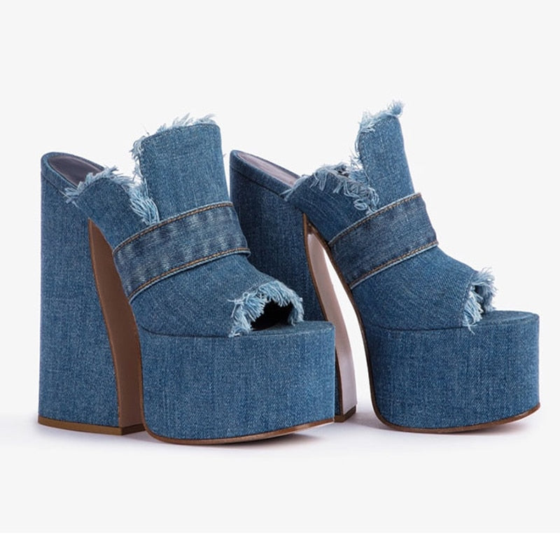 Platform Denim Mules with Peep Toe