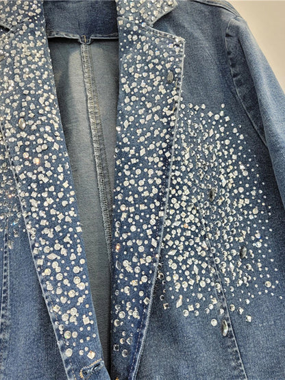 Washed Gradient Blue Irregular Rhinestone Suit Jacket