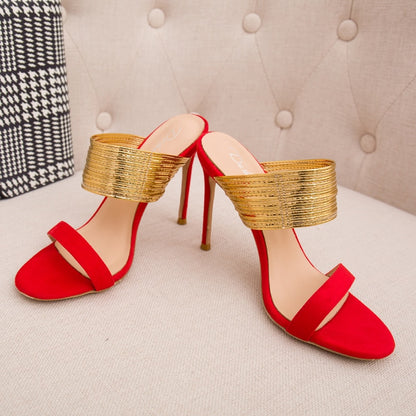 Open Toe Design with Gold Leather Cutouts and Thin Heels