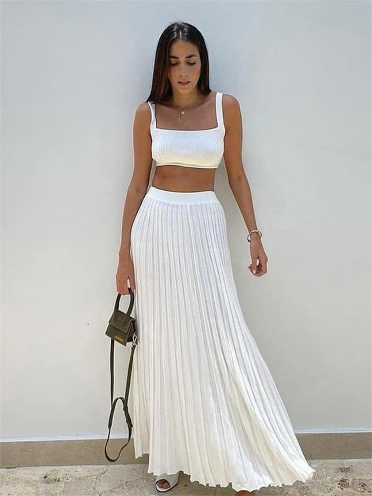 Tossy New White Knit Two Piece Women Sets Fall Ribbed Tank Top And Pleated Knitted Skirt Suits For Women Long Dress Sets Summer