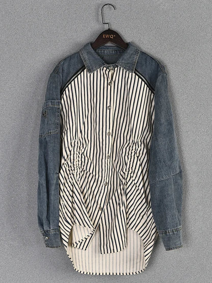 Denim Patchwork Striped Faux 2 Piece Shirt