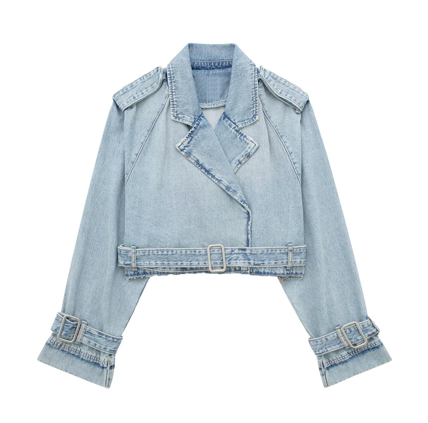 Long Sleeve With Belt Cropped Jean Jacket