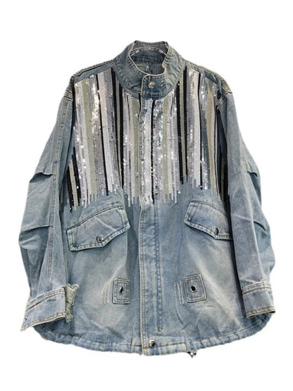 Striped Sequins Design Loose Denim Jacket