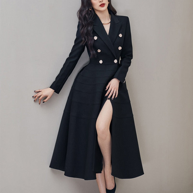 Elegant Celebrity Dress: Black, Long-Sleeved, Rhinestone Buttons, Open Western Collar, Swing Style