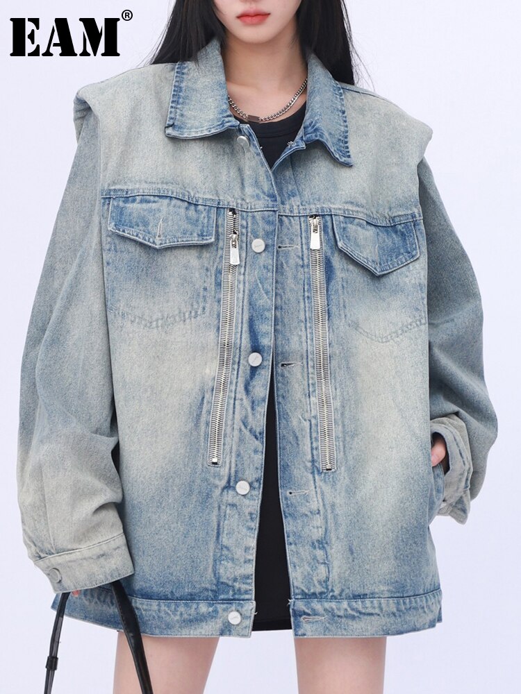 [EAM] Loose Fit Blue Denim Big Size Casual Jacket New Lapel Long Sleeve Women Coat Fashion Tide Spring Autumn  1DF6799