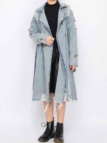 TWOTWINSTYLE Hole Hollow Out Denim Trench Coat For Women Lapel Long Sleeve Double Breasted Solid Coats Female Clothing  New