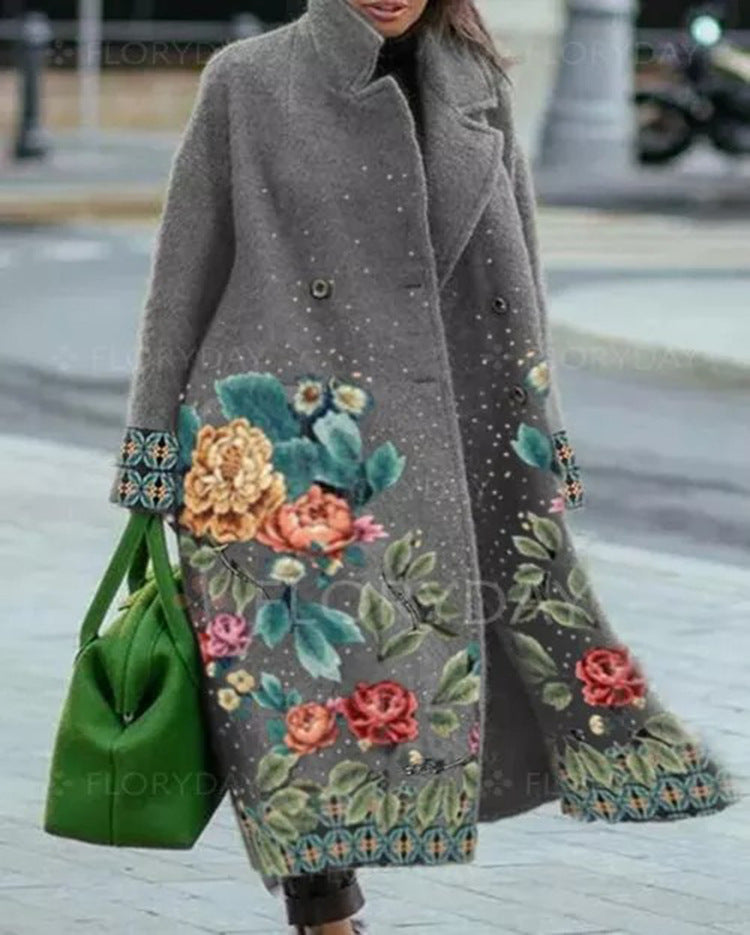 Long Sleeve Printed Woolen Coat