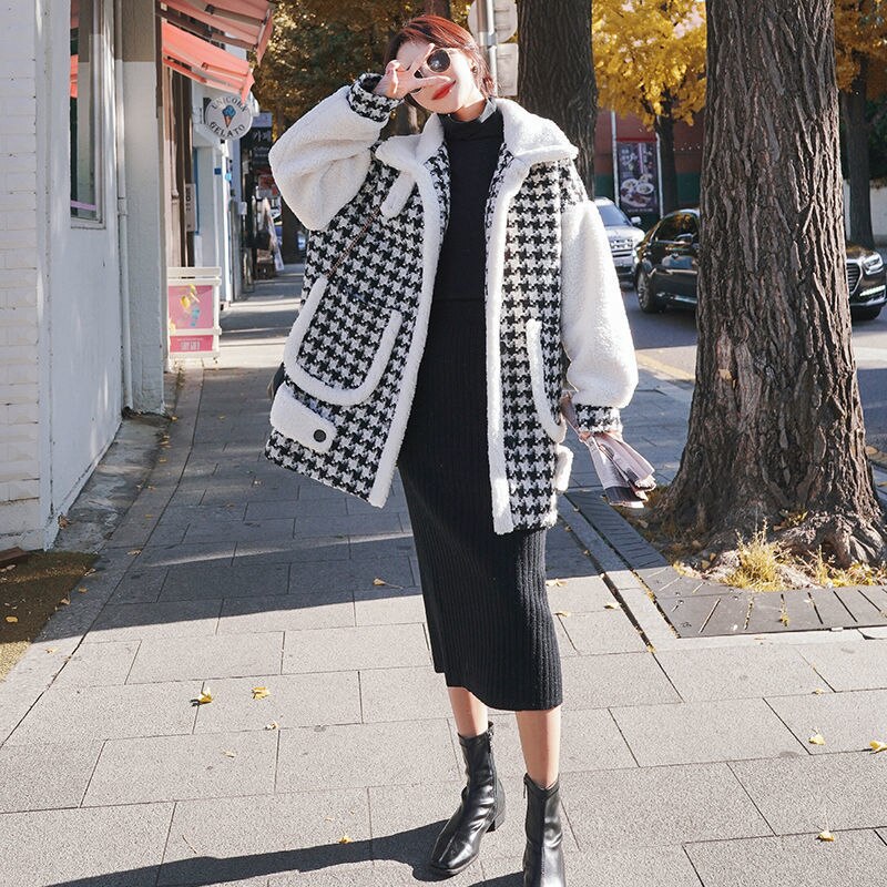 Houndstooth Woolen Thickened Wild Lamb Wool Coat