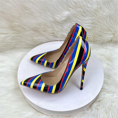 Multi-Color Stripe Print Stiletto Pumps