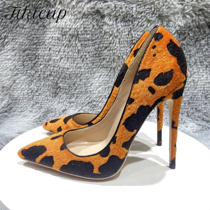 Cow Print Hairy Flock Pointy Toe High Heel Shoes