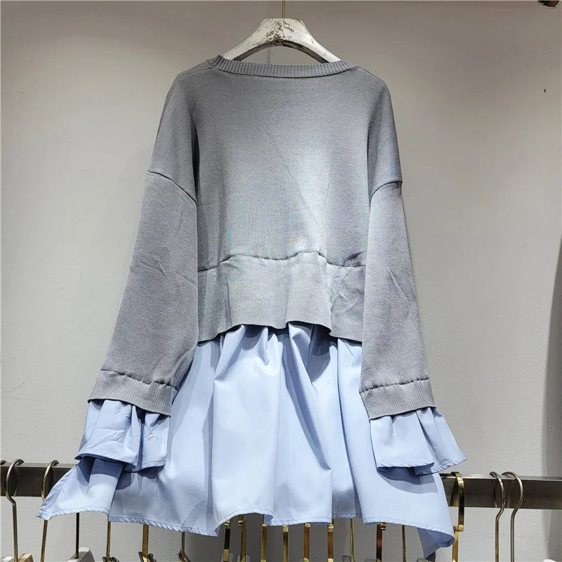 Vintage Fake Two-piece Patchwork Knit Sweatshirt Women Long Sleeve Ruffle Spliced Pullovers Top