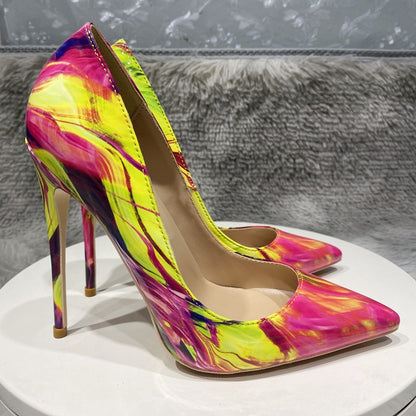 Glossy Colorful Print Women Pointed Toe High Heels