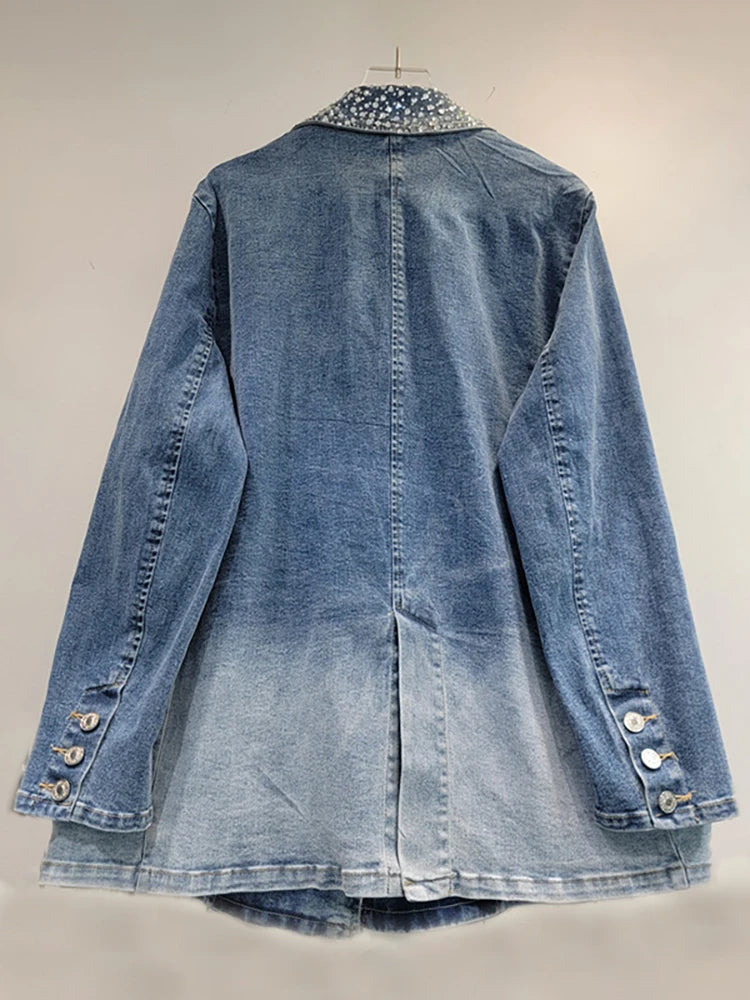 Washed Gradient Blue Irregular Rhinestone Suit Jacket