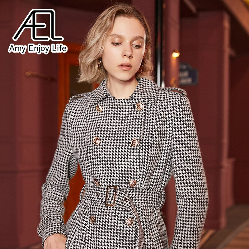 Houndstooth A-Line Trench Coat