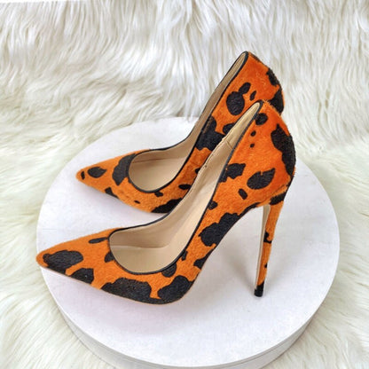 Cow Print Hairy Flock Pointy Toe High Heel Shoes