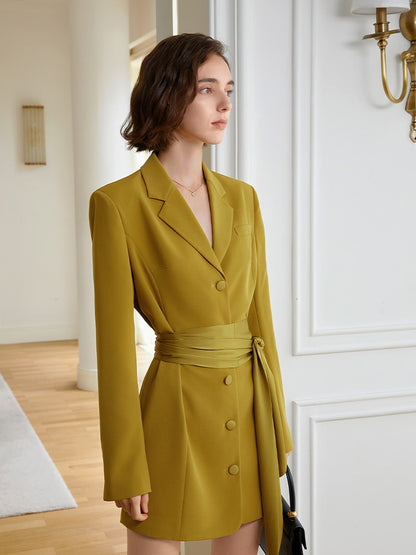 Women Yellow Belted Big Size Elegant Blazer Dress New Lapel Long Sleeve Loose Fit Fashion Spring Autumn