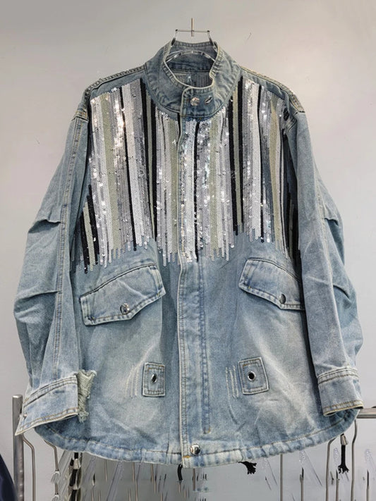 Striped Sequins Design Loose Denim Jacket