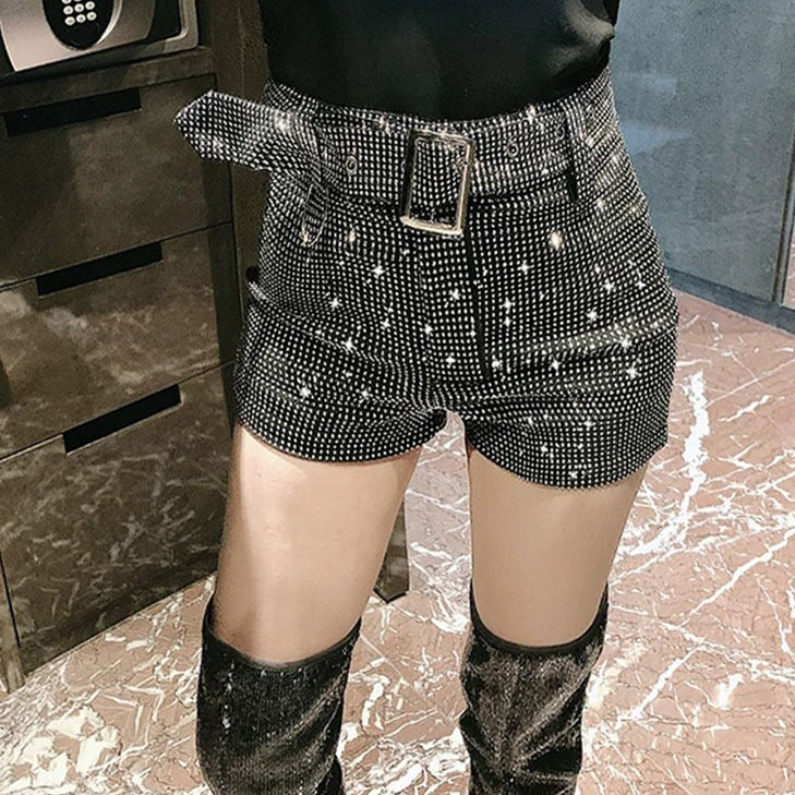 High-Waist Shorts with Sparkling Diamond Belt