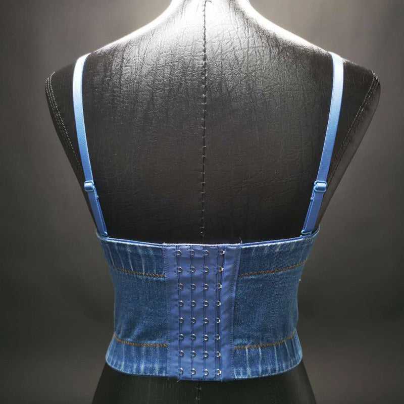 Women Sexy Spaghetti Strap Bustier Glitter Tassel Rhinestone Washed Denim Camisole Vest Club Party Jean Corset Crop Top