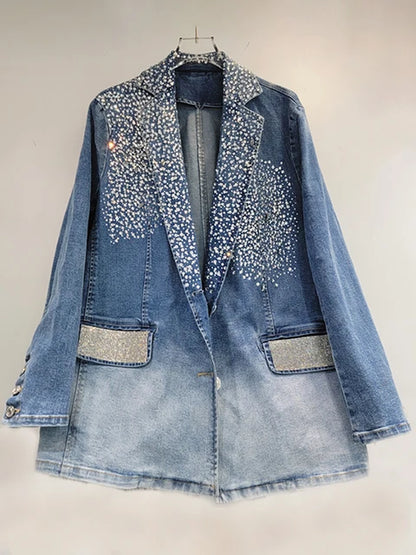 Washed Gradient Blue Irregular Rhinestone Suit Jacket