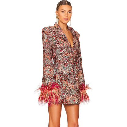 V-neck Floral Dress with Decorative Feathers