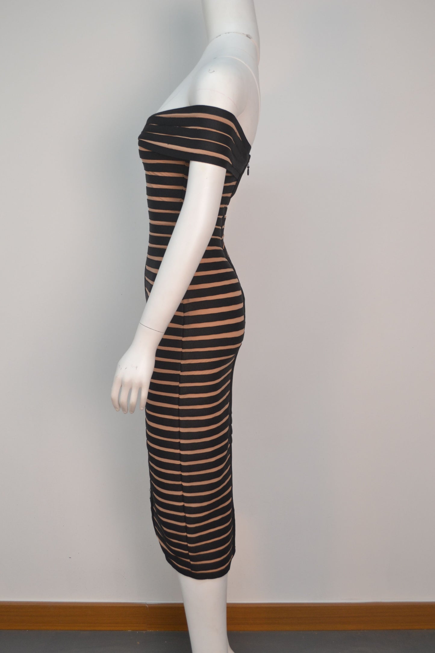 Off-Shoulder Black Stripe Midi Bandage Dress