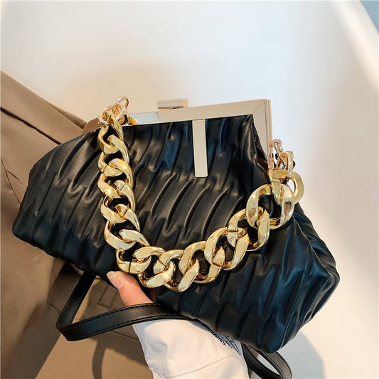 Women's Bag Trend Fashionable Thick Chain Crossbody Bags Striped Leather Ladies Hand Bags Luxury Evening Shoulder Bag Woman