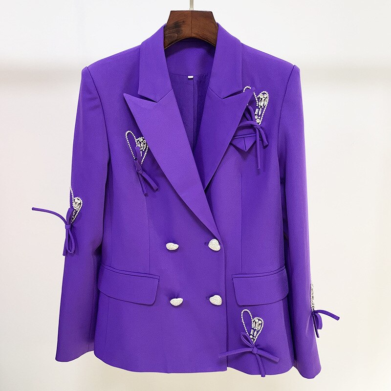 High-End Rhinestone Heart Button Bow Loose Suit Jacket