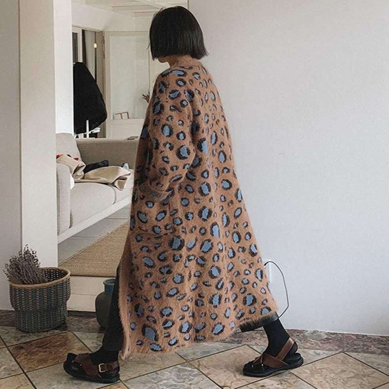 SuperAen  Leopard-print Sweater Knee-length Casual Full Cardigan