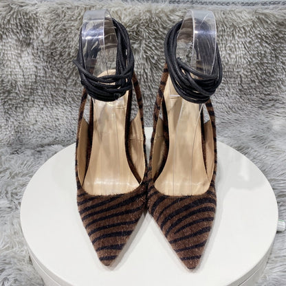 Dark Brown Zebra Hair Pointed Toe Slingback Stiletto Pumps