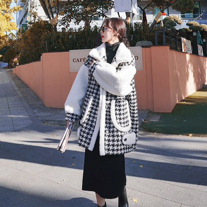 Houndstooth Woolen Thickened Wild Lamb Wool Coat