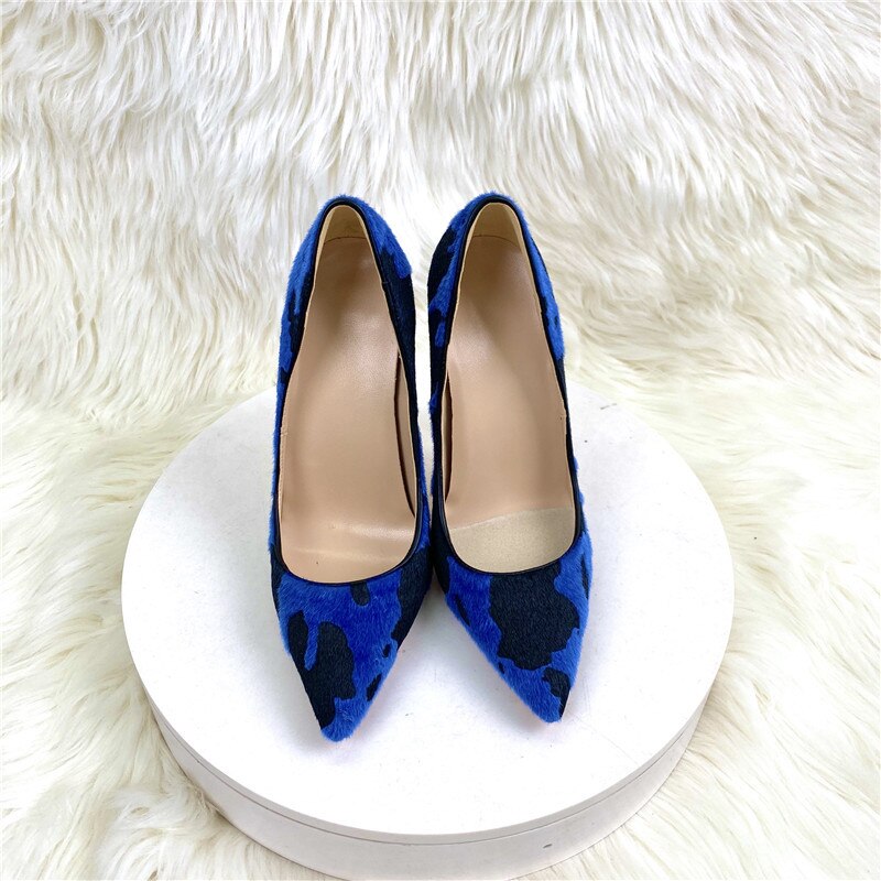 Tikicup Blue Cow Women Hairy Flock Pointy Toe High Heel Shoes Comfortable Elegant Ladies Formal Dress Slip On Stiletto Pumps