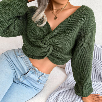 Long Sleeve Knotted Open Navel Knit Sweater
