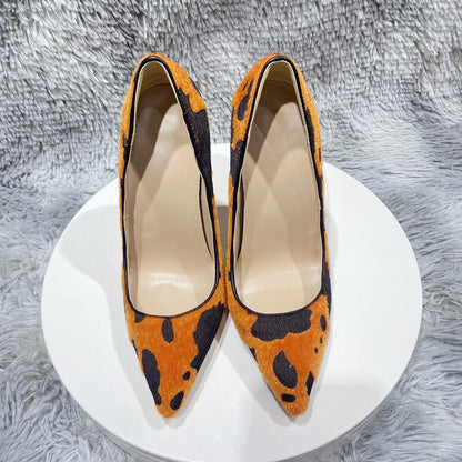 Cow Print Hairy Flock Pointy Toe High Heel Shoes