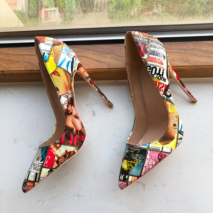 Picture-Print Floral Patent High Heels