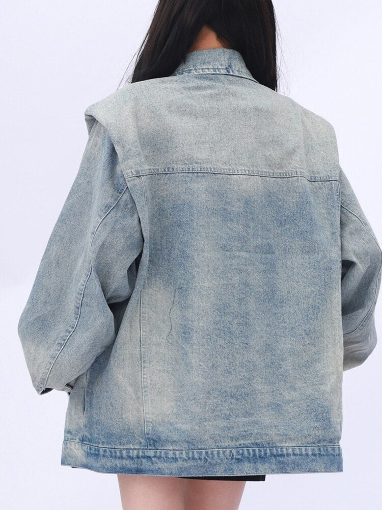 [EAM] Loose Fit Blue Denim Big Size Casual Jacket New Lapel Long Sleeve Women Coat Fashion Tide Spring Autumn  1DF6799