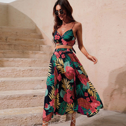 Trendy Two-Piece Set: Chic Sleeveless Top with High-Slit Skirt