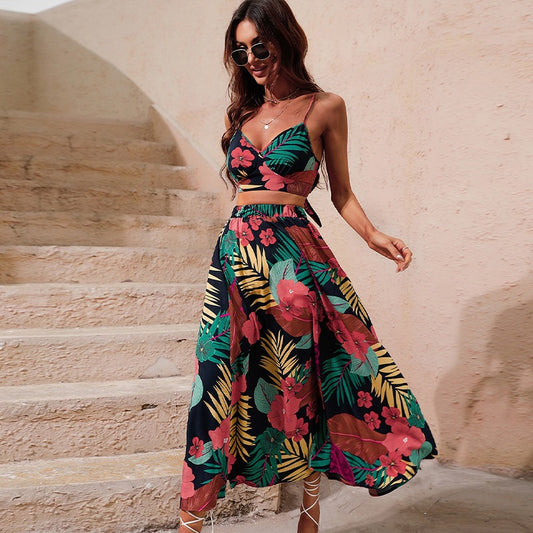 Trendy Two-Piece Set: Chic Sleeveless Top with High-Slit Skirt