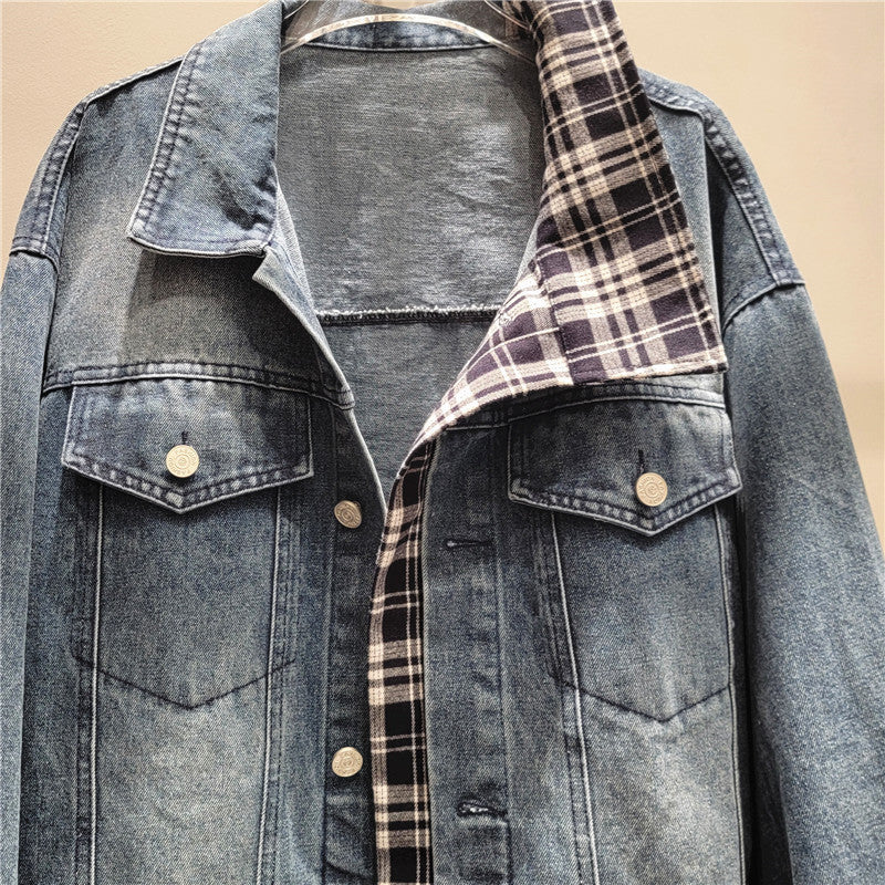 Irregularly Spliced Checkered Denim Jacket